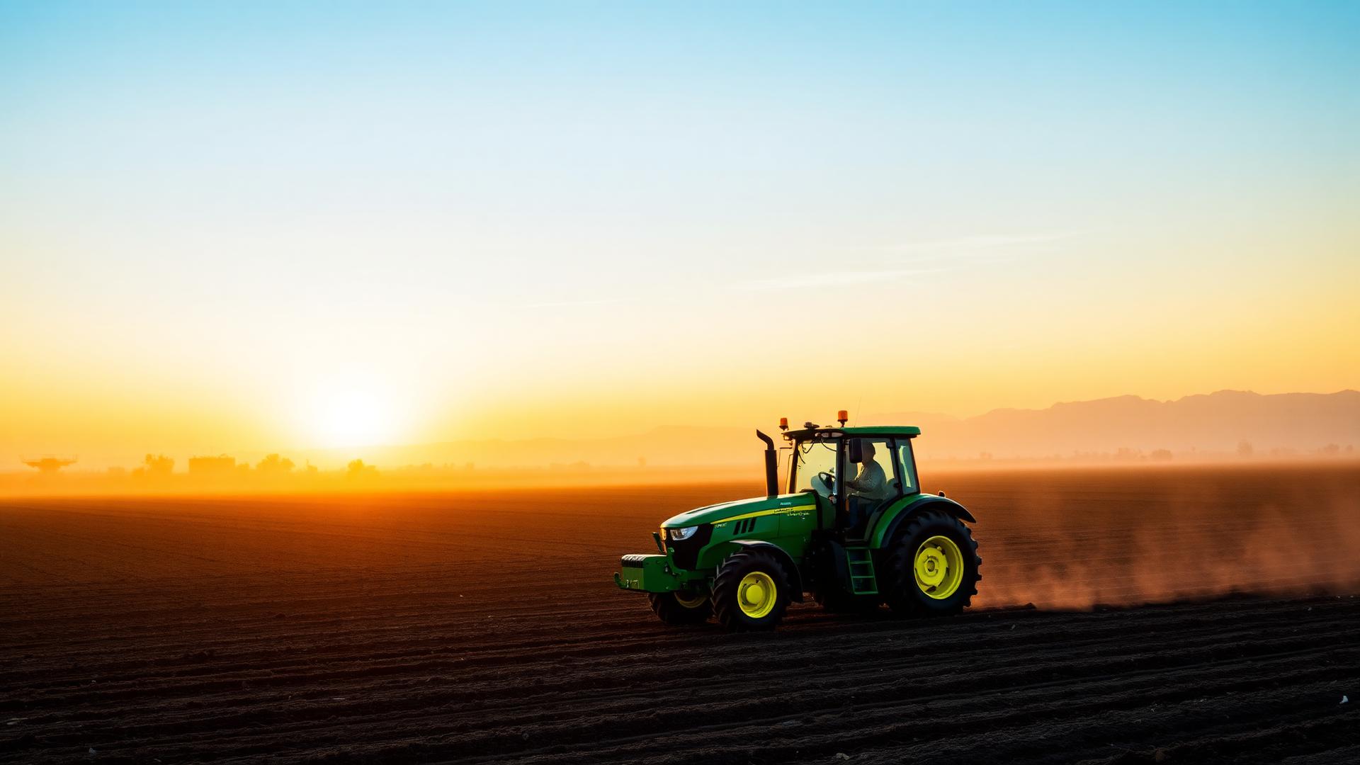 Trator ao pôr do sol em campo agrícola